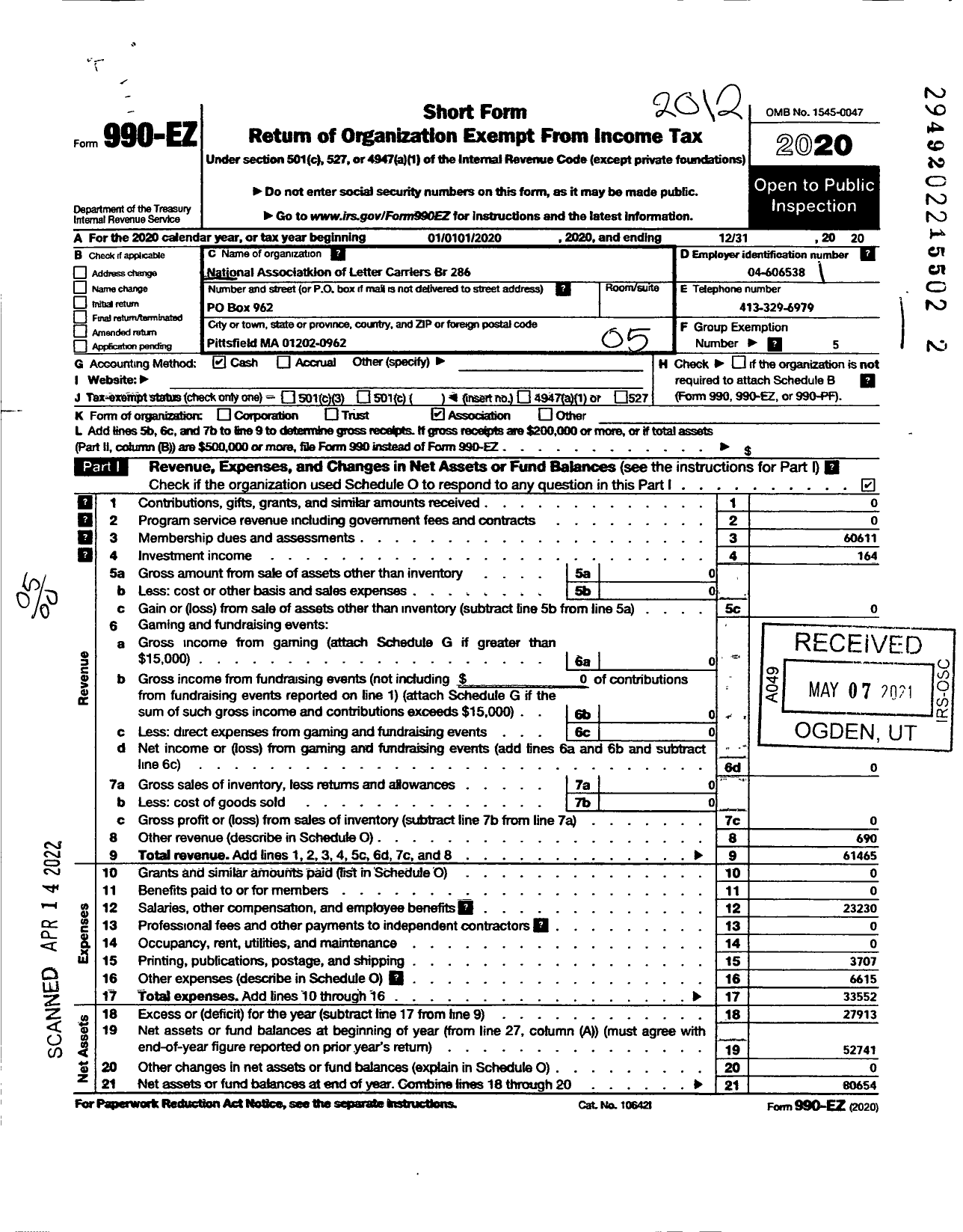 Image of first page of 2020 Form 990EO for National Association of Letter Carriers - 286 Pittsfield Massachusetts