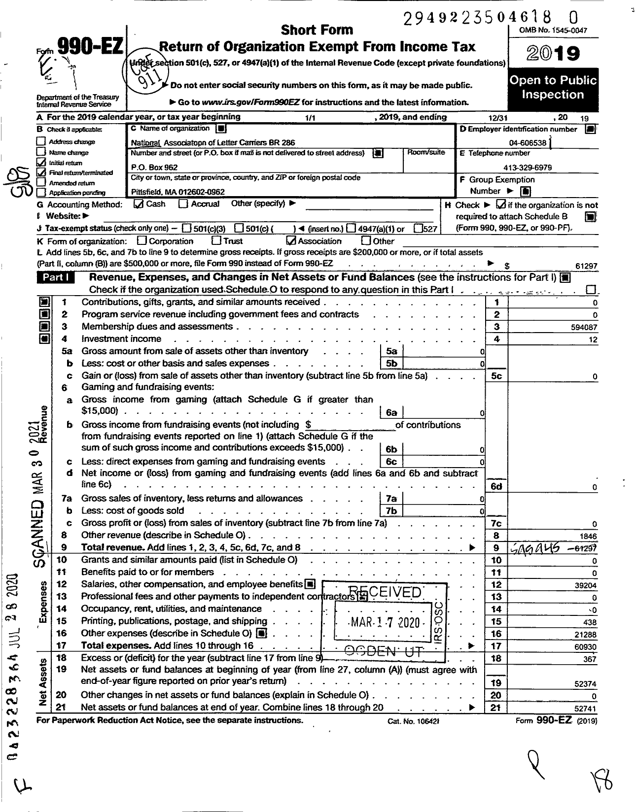 Image of first page of 2019 Form 990EO for National Association of Letter Carriers - 286 Pittsfield Massachusetts