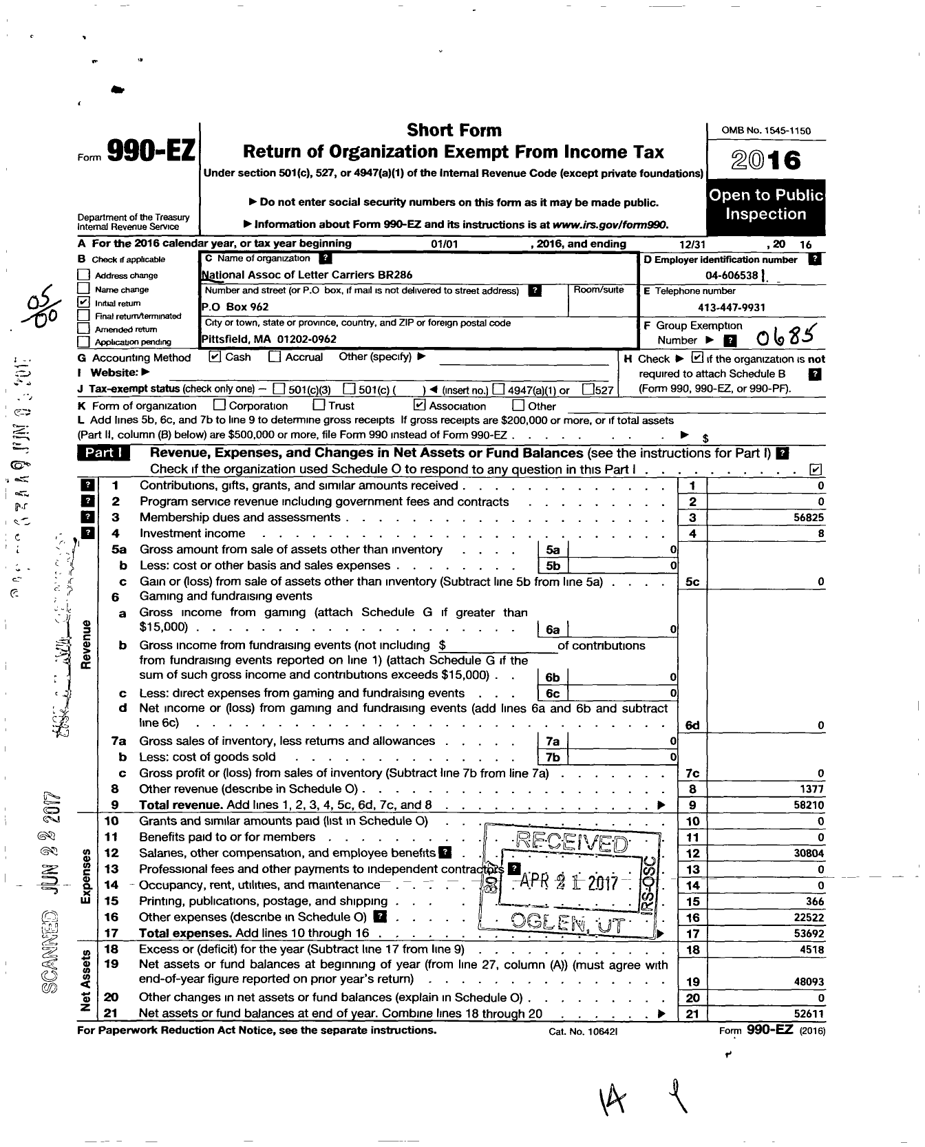 Image of first page of 2016 Form 990EO for National Association of Letter Carriers - 286 Pittsfield Massachusetts