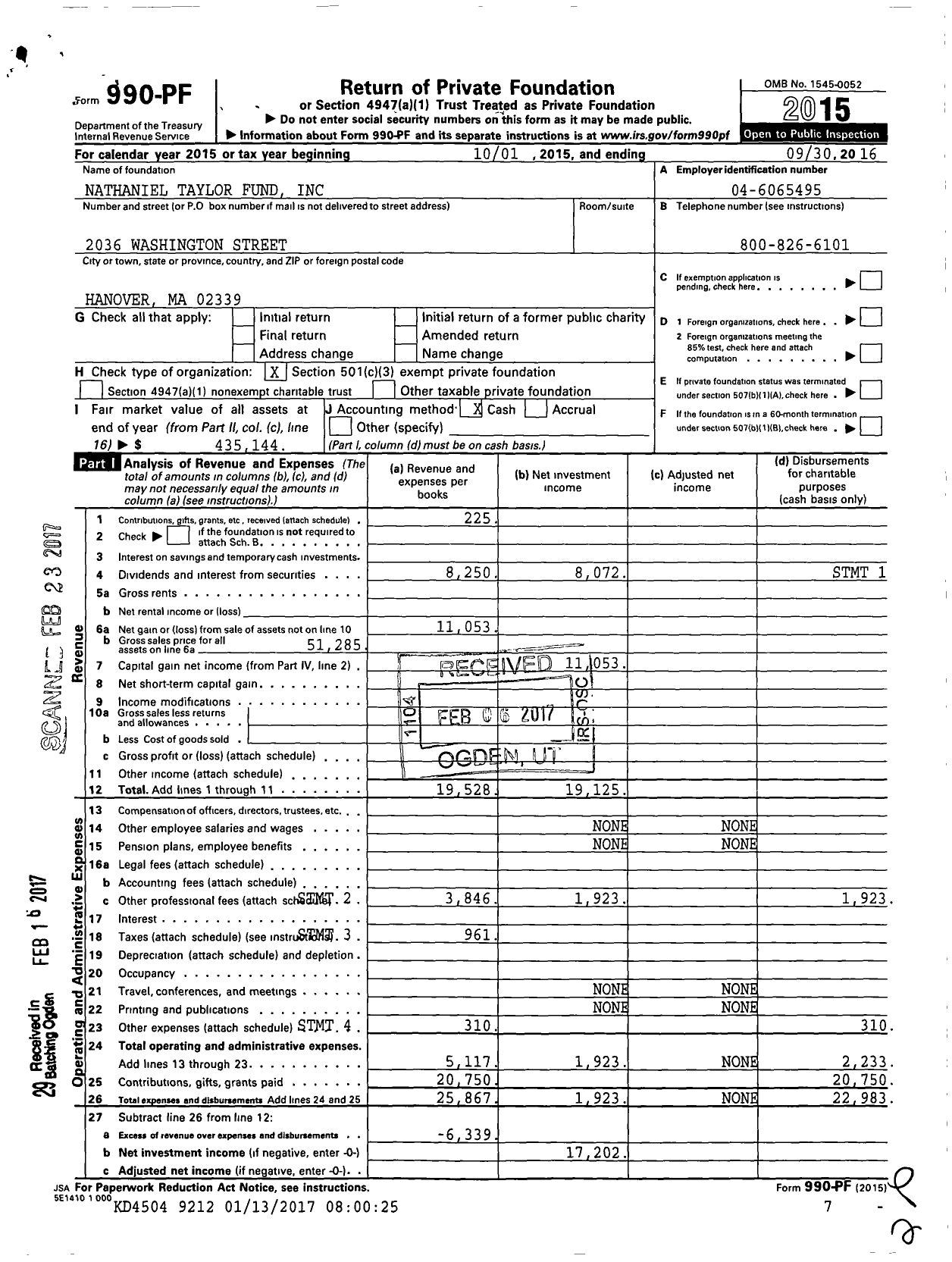 Image of first page of 2015 Form 990PF for Nathaniel Taylor Fund