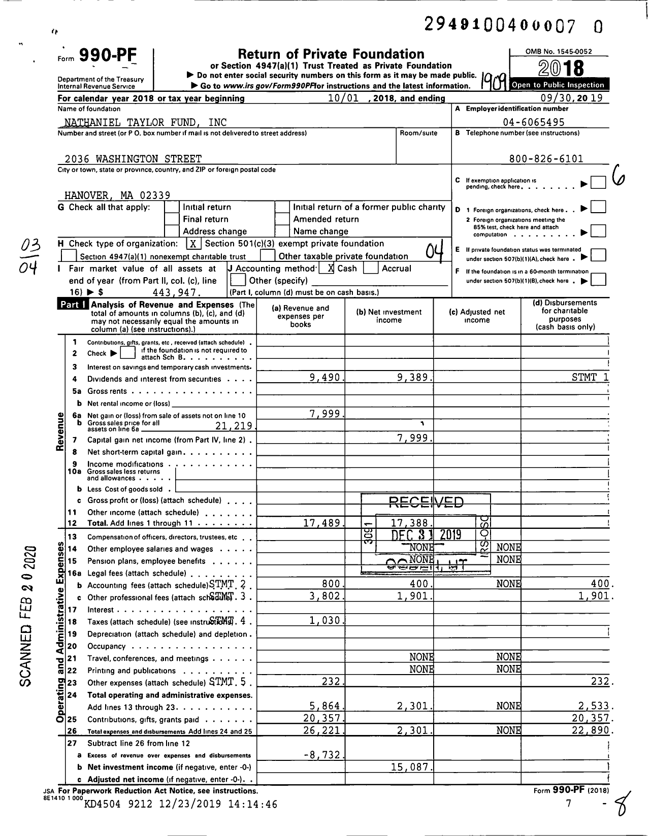 Image of first page of 2018 Form 990PR for Nathaniel Taylor Fund