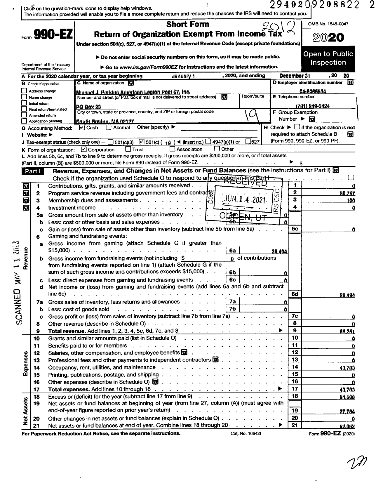 Image of first page of 2020 Form 990EO for Michael J Perkins American Legion Post 67