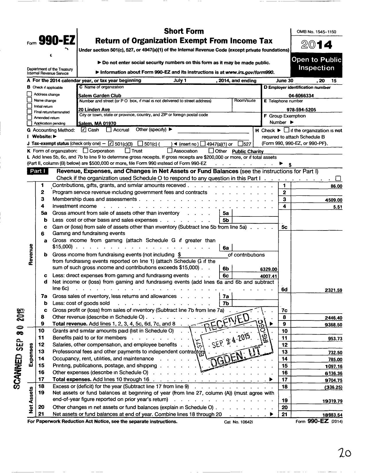 Image of first page of 2014 Form 990EZ for Garden Club Federation of Massachusetts / Salem Garden Club