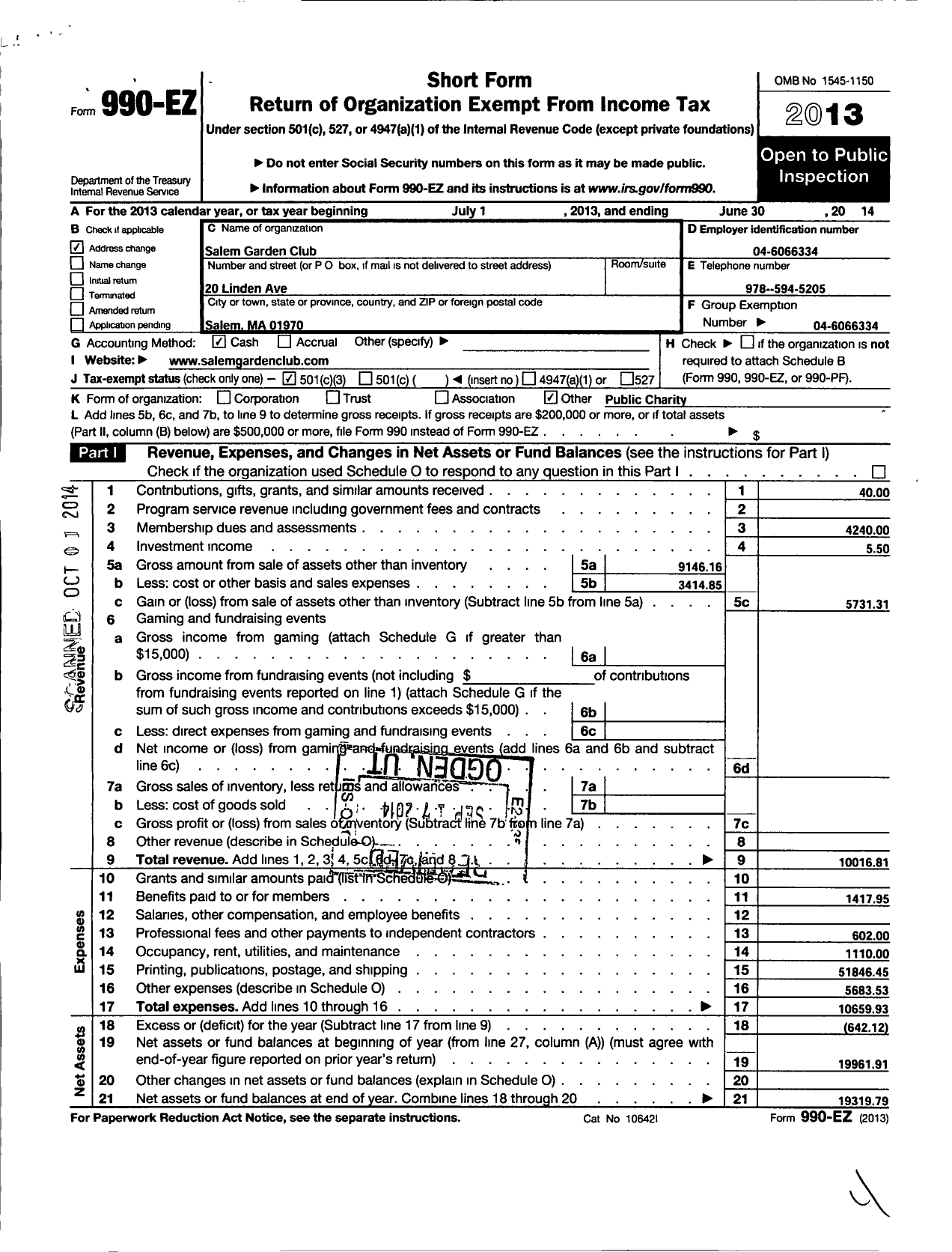 Image of first page of 2013 Form 990EZ for Garden Club Federation of Massachusetts / Salem Garden Club