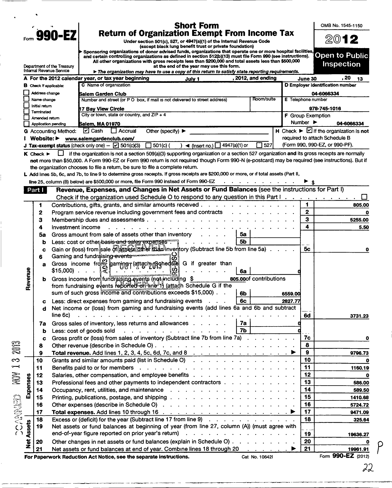 Image of first page of 2012 Form 990EZ for Garden Club Federation of Massachusetts / Salem Garden Club