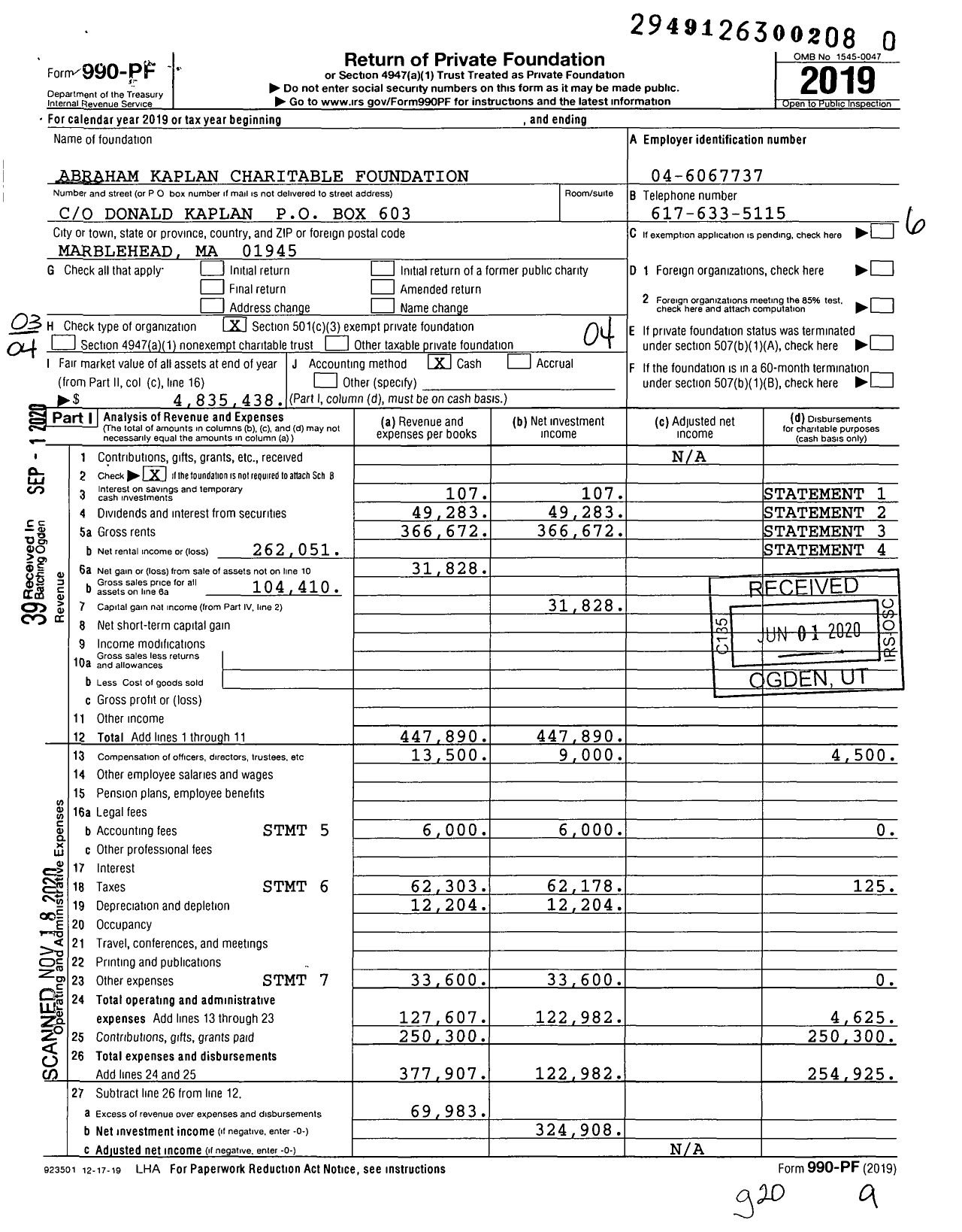 Image of first page of 2019 Form 990PF for Abraham Kaplan Charitable Foundation