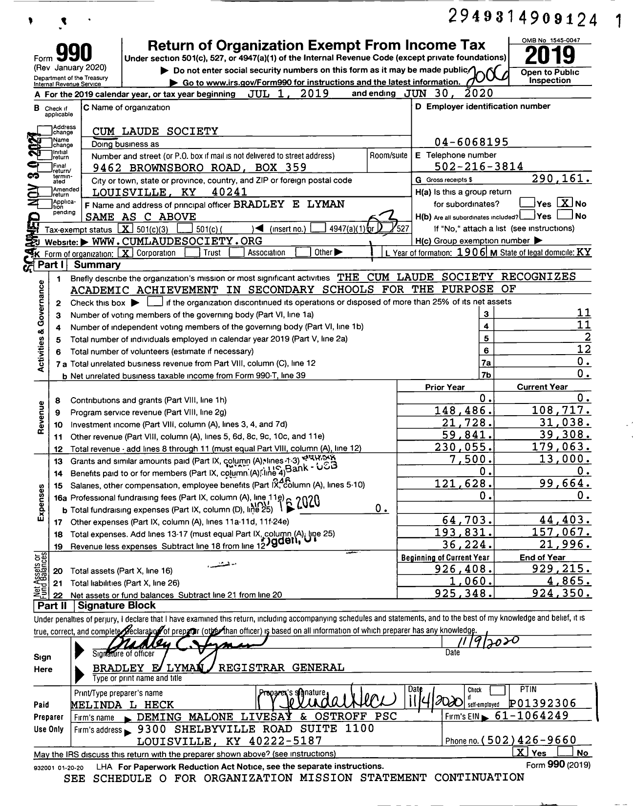 Image of first page of 2019 Form 990 for Cum Laude Society