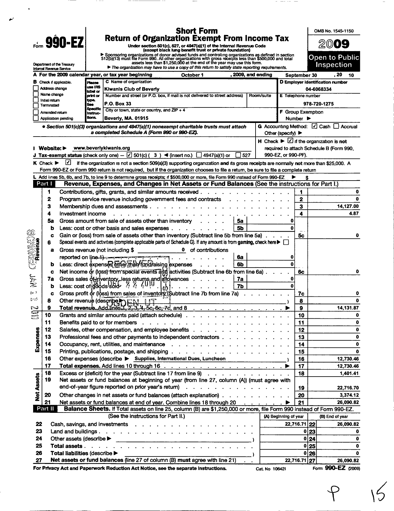 Image of first page of 2009 Form 990EZ for Kiwanis International - K01966 Beverly