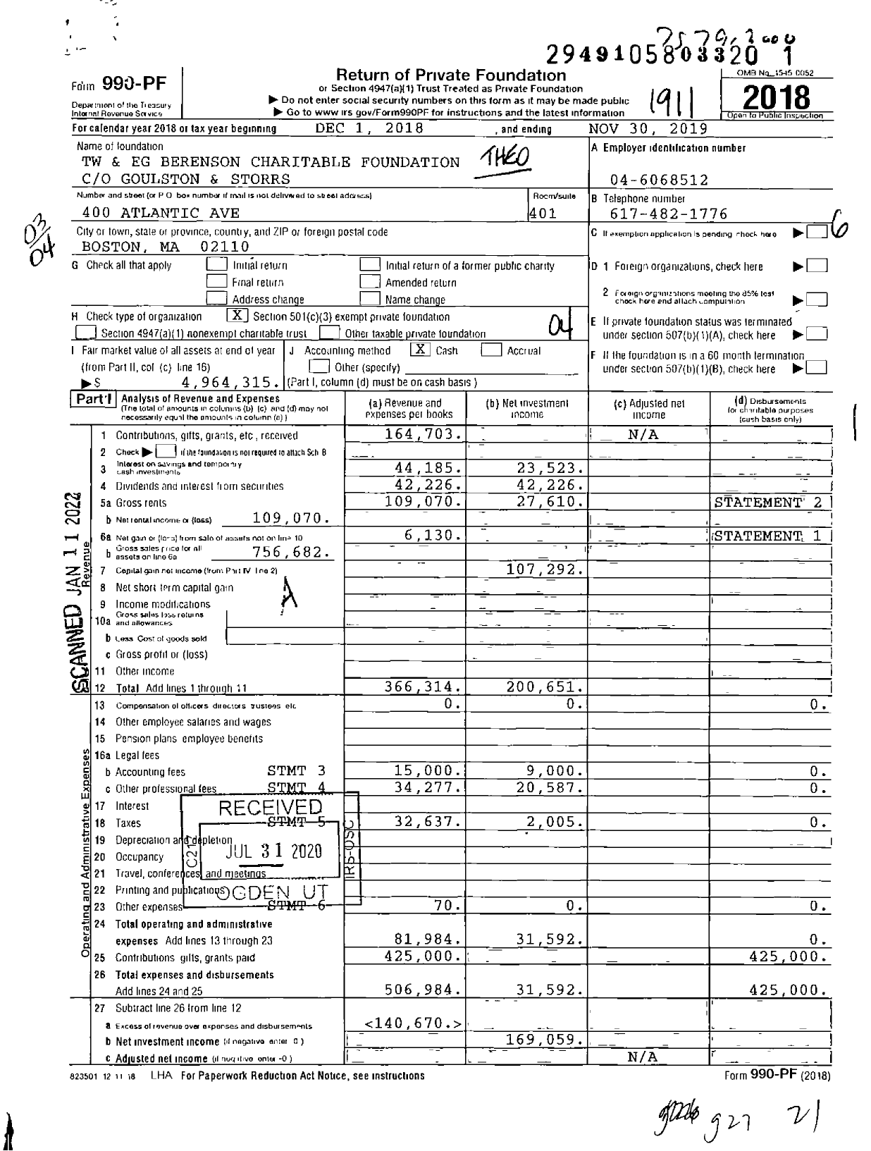 Image of first page of 2018 Form 990PF for TW and Eg Berenson Charitable Foundation