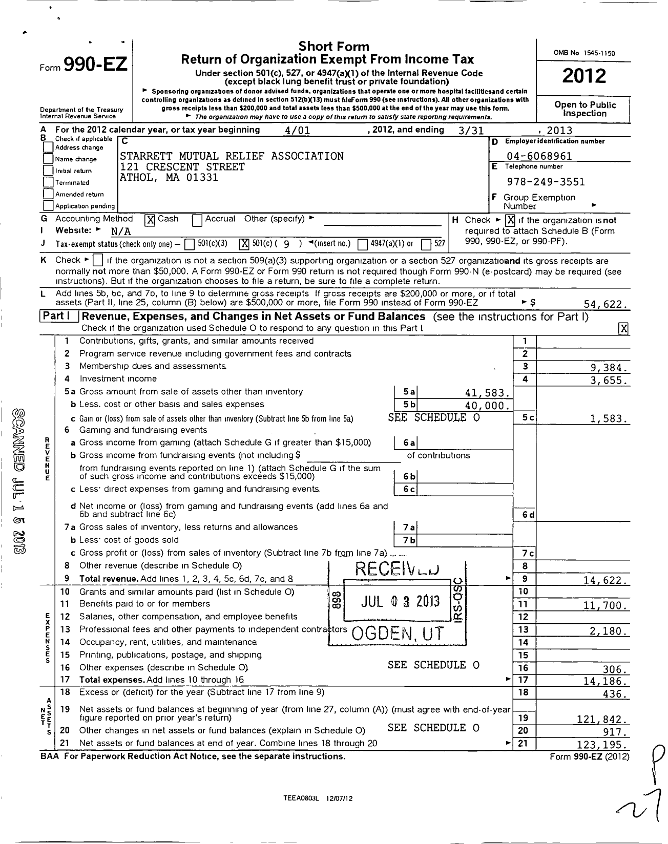 Image of first page of 2012 Form 990EO for Starrett Mutual Relief Association