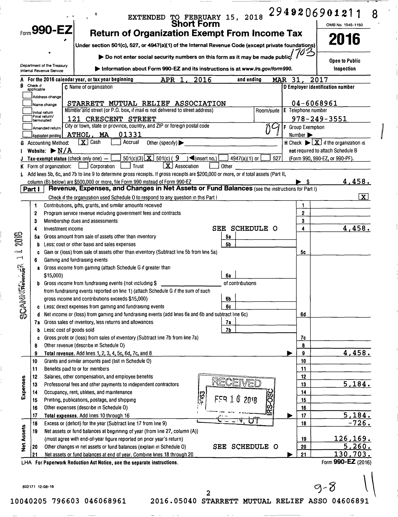 Image of first page of 2016 Form 990EO for Starrett Mutual Relief Association