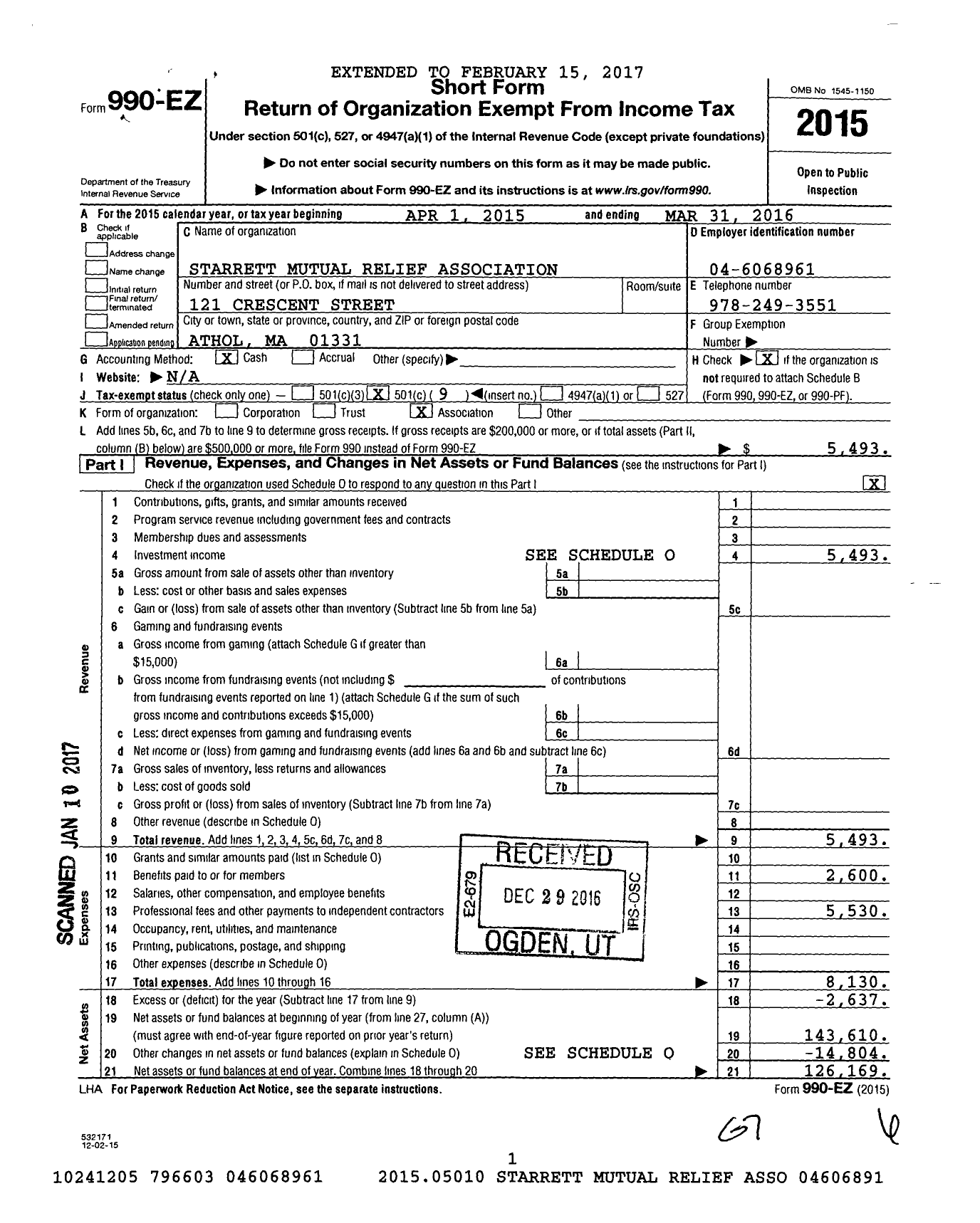 Image of first page of 2015 Form 990EO for Starrett Mutual Relief Association