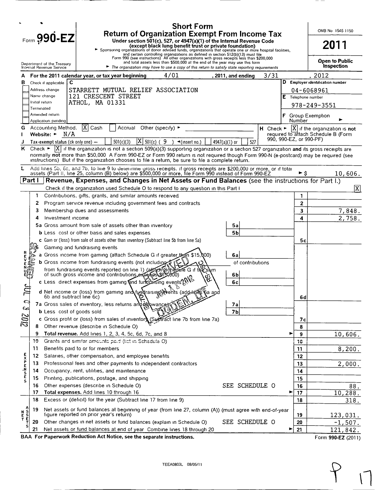 Image of first page of 2011 Form 990EO for Starrett Mutual Relief Association