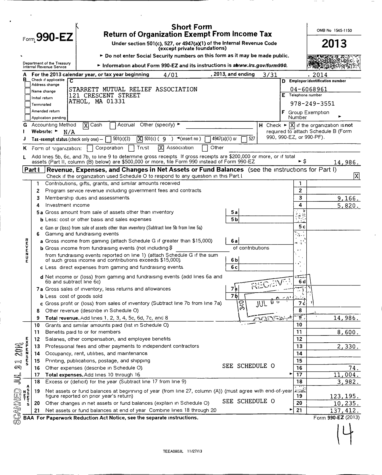 Image of first page of 2013 Form 990EO for Starrett Mutual Relief Association