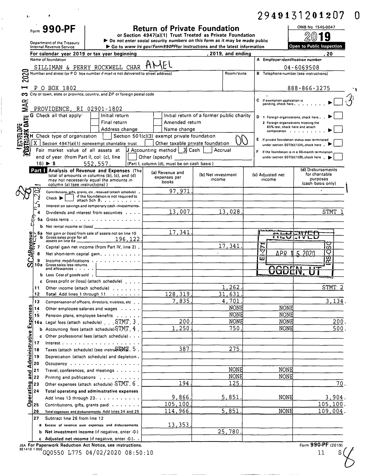 Image of first page of 2019 Form 990PF for Amelia Silliman Rockwell and Carlos Perry