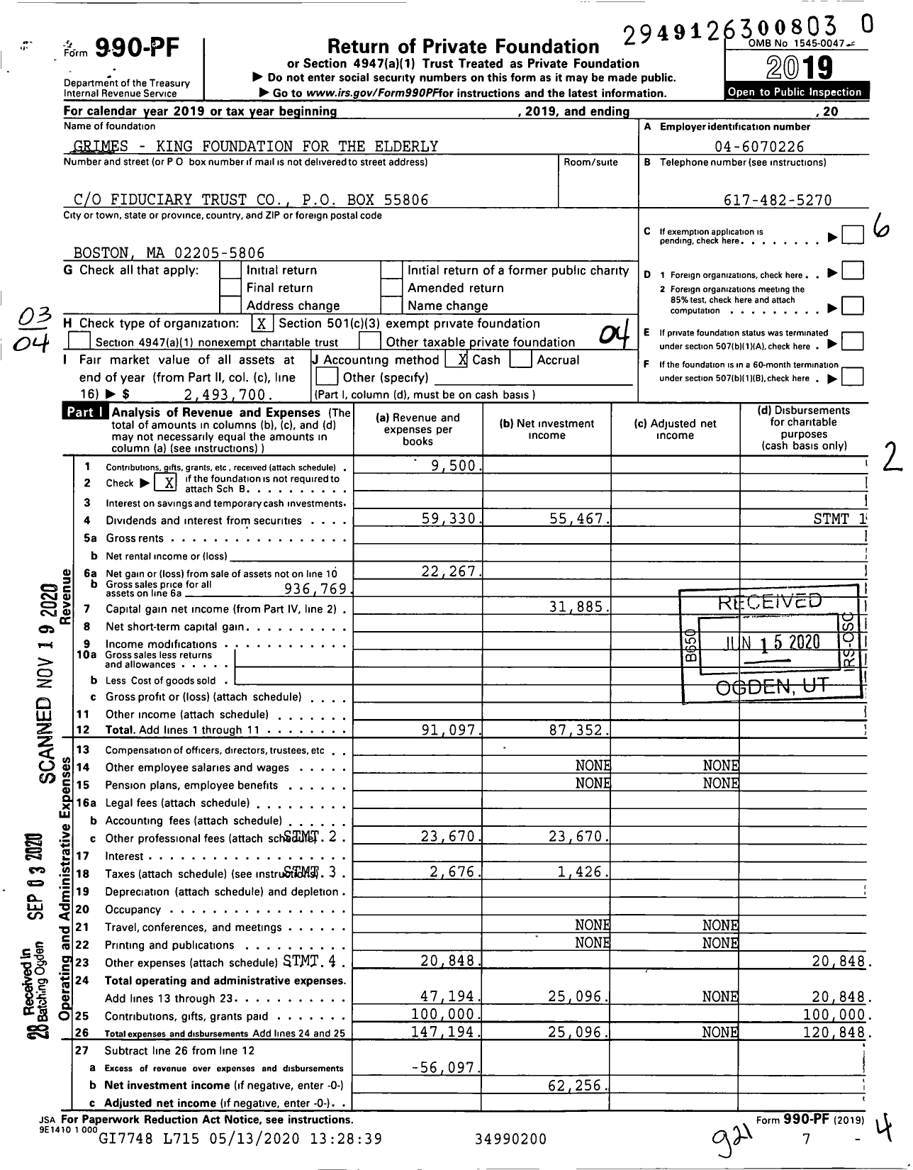 Image of first page of 2019 Form 990PF for Grimes - King Foundation for the Elderly