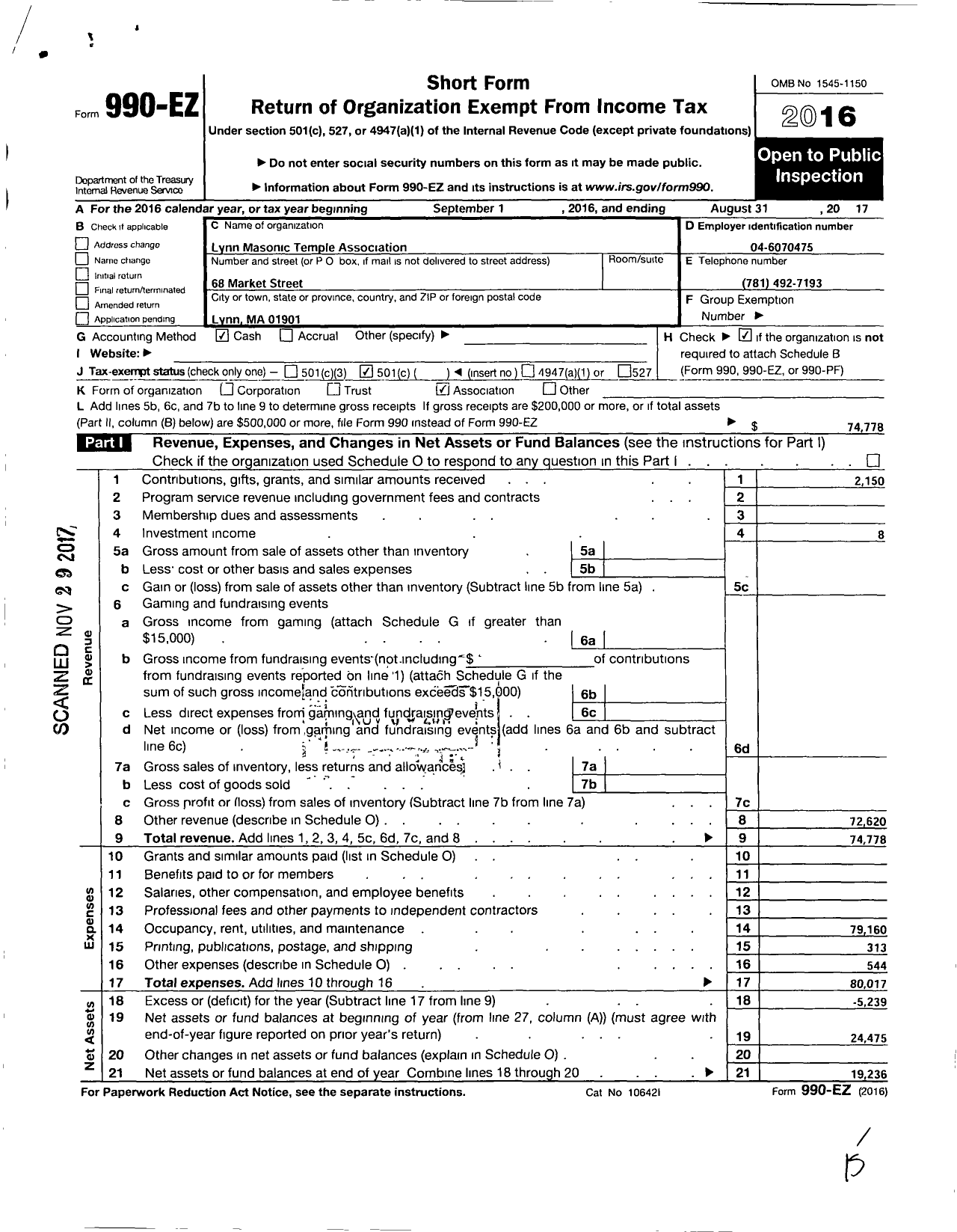 Image of first page of 2016 Form 990EO for Massachusetts Freemasons - Lynn Masonic Temple Assoc