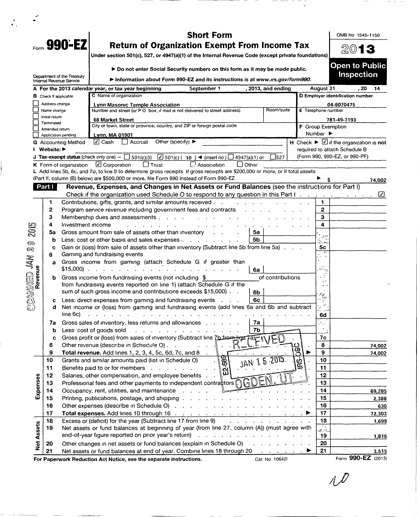 Image of first page of 2013 Form 990EO for Massachusetts Freemasons - Lynn Masonic Temple Assoc