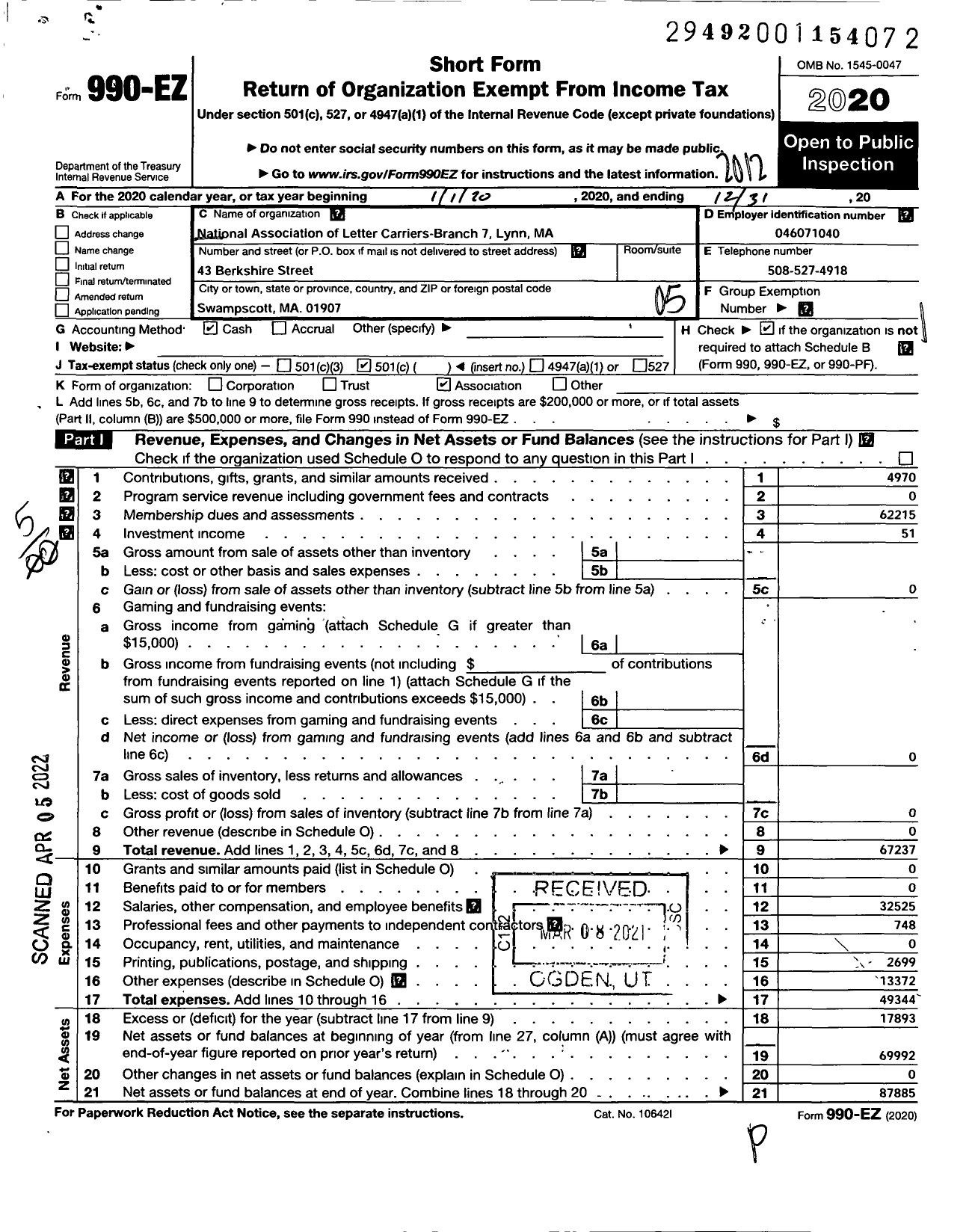 Image of first page of 2020 Form 990EO for National Association of Letter Carriers - 7 Lynn Massachusetts