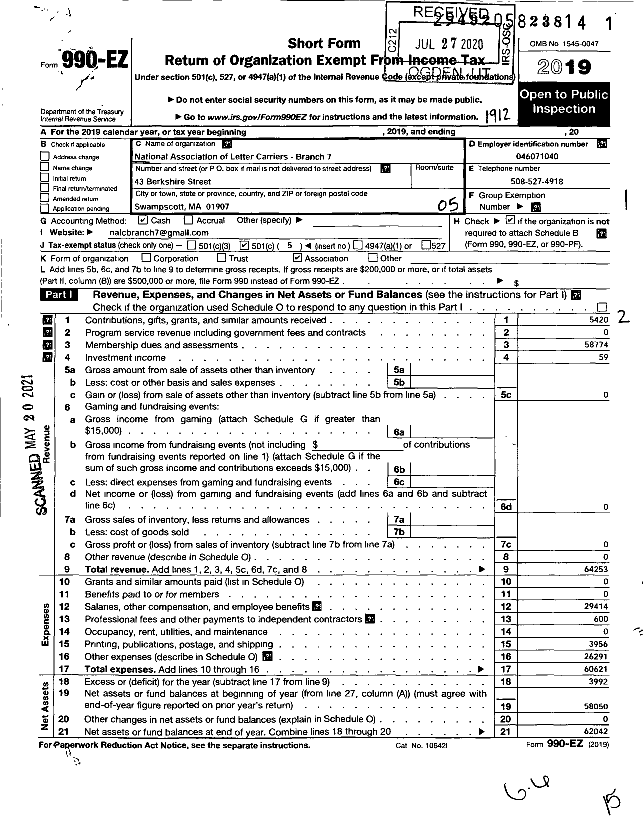 Image of first page of 2019 Form 990EO for National Association of Letter Carriers - 7 Lynn Massachusetts