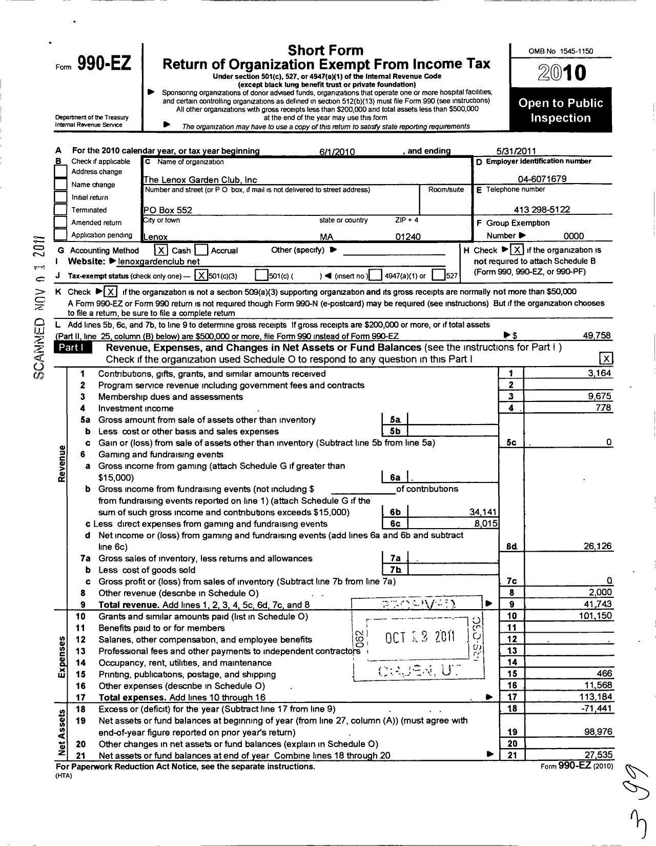 Image of first page of 2010 Form 990EZ for Lenox Garden Club