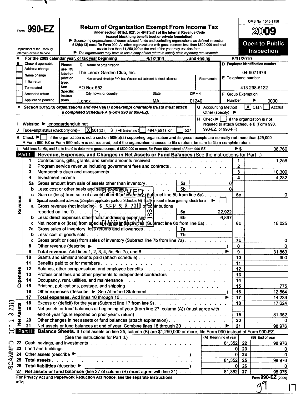 Image of first page of 2009 Form 990EZ for Lenox Garden Club