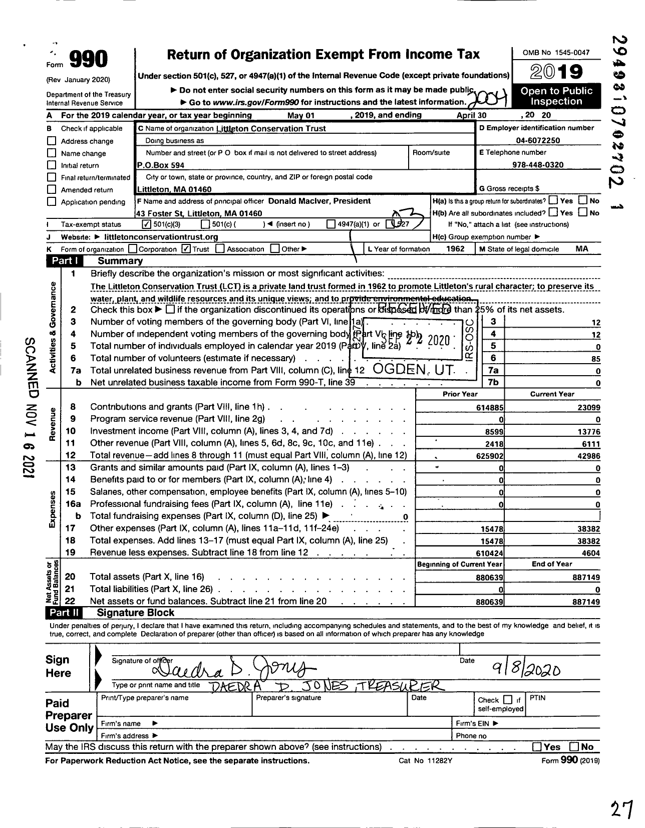 Image of first page of 2019 Form 990 for Littleton Conservation Trust