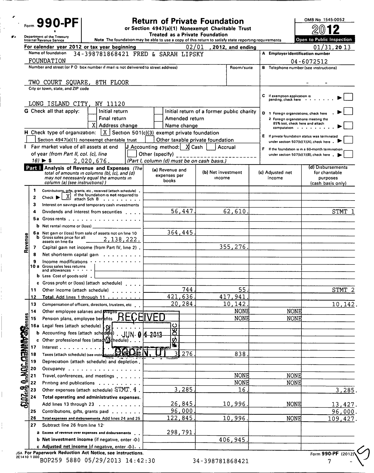 Image of first page of 2012 Form 990PF for Lipsky Fred and Sarah Foundation