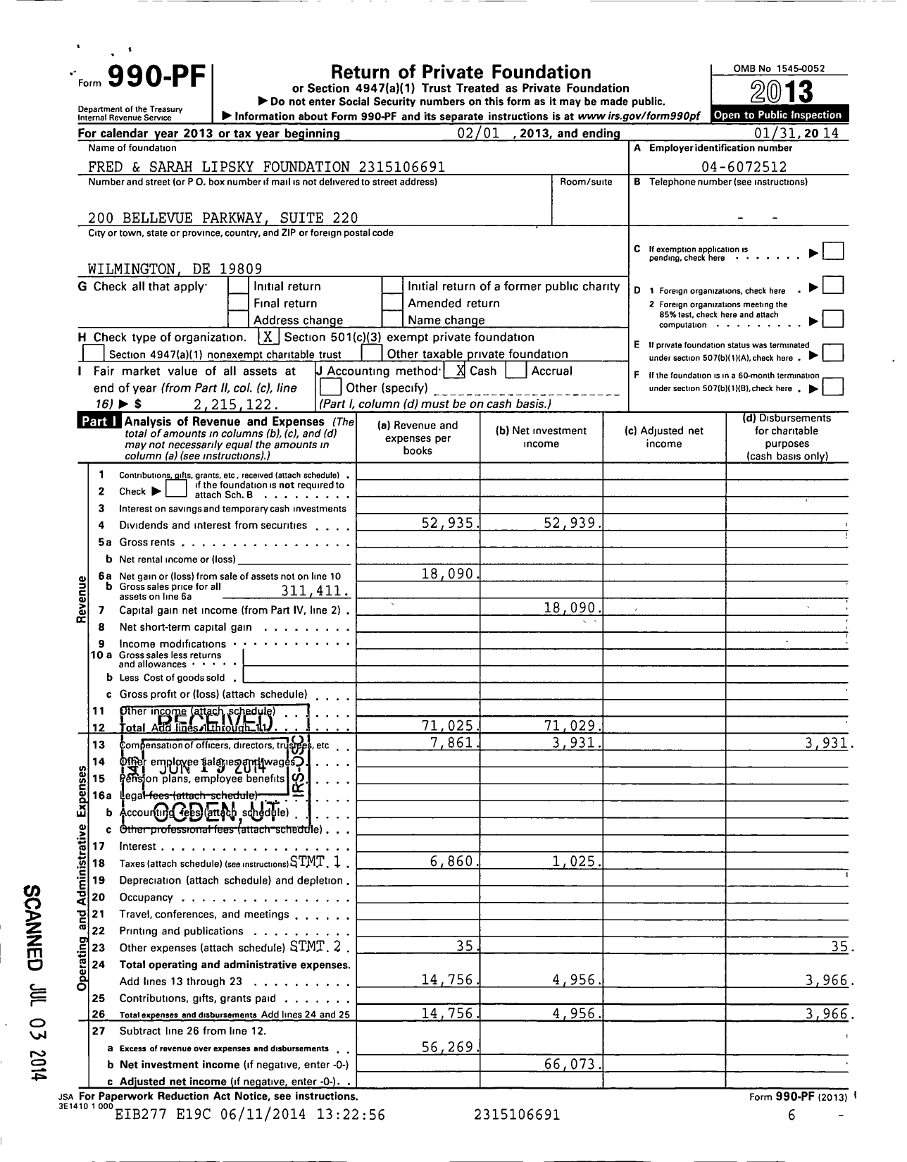 Image of first page of 2013 Form 990PF for Lipsky Fred and Sarah Foundation