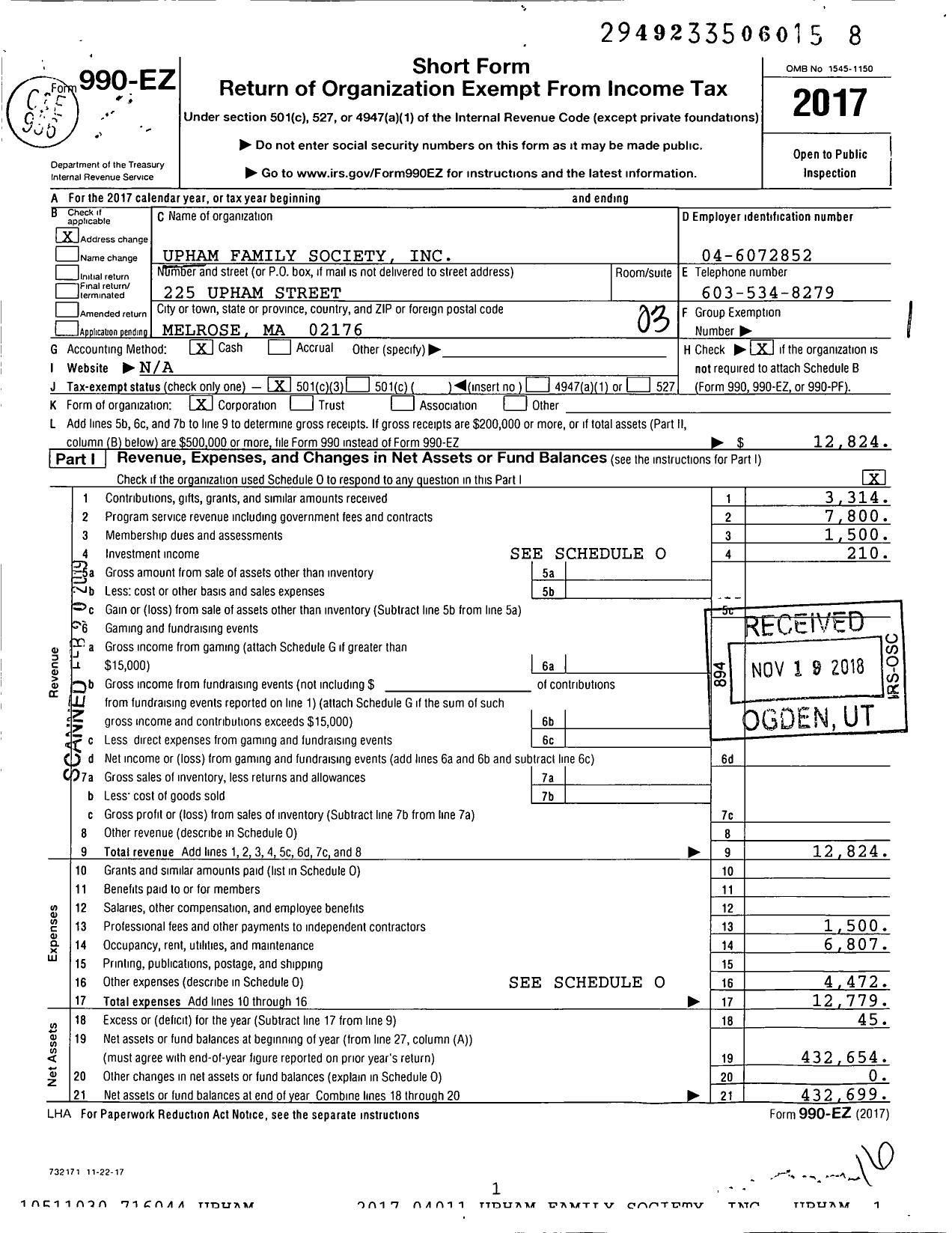 Image of first page of 2017 Form 990EZ for Upham Family Society