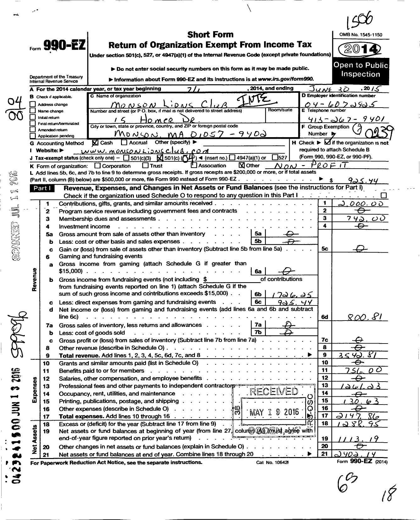 Image of first page of 2014 Form 990EO for Lions Clubs - 11997 Monson