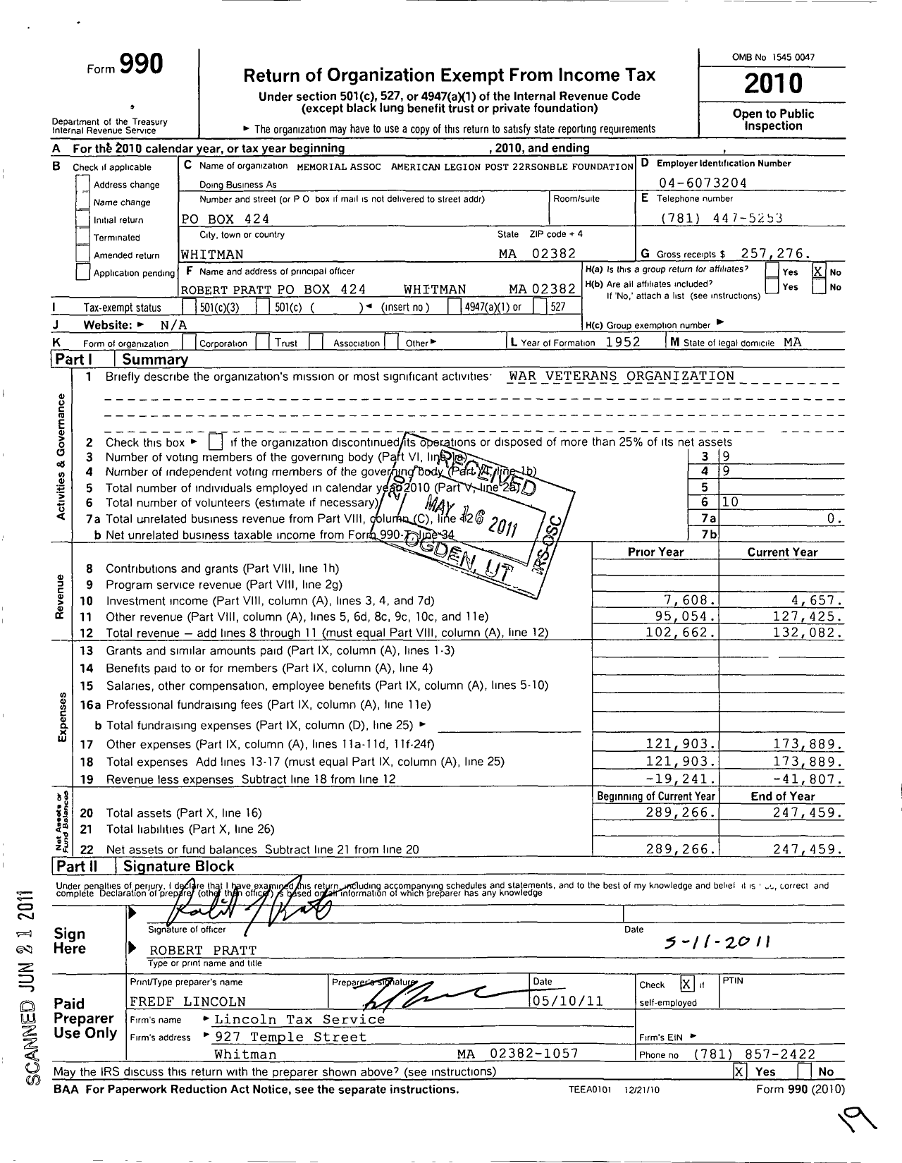 Image of first page of 2010 Form 990O for American Legion - 0022 Whitman