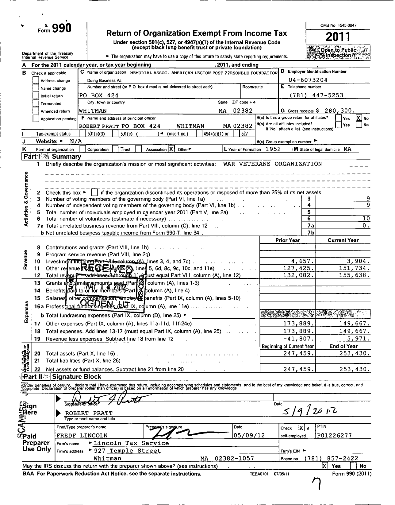 Image of first page of 2011 Form 990O for American Legion - 0022 Whitman