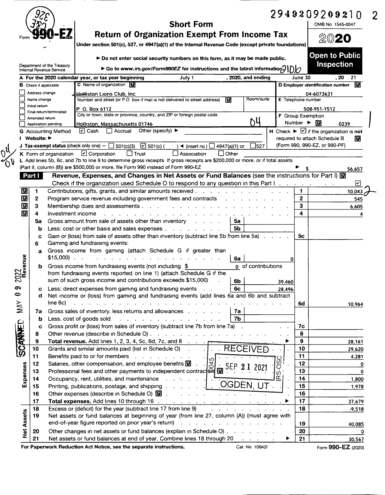 Image of first page of 2020 Form 990EO for Lions Clubs - 12095 Holliston