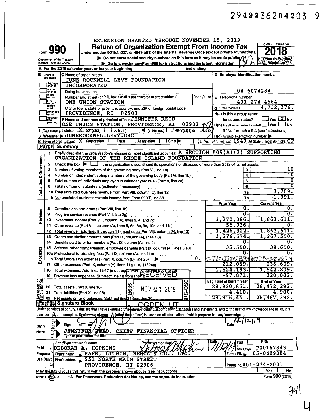 Image of first page of 2018 Form 990 for June Rockwell Levy Foundation Incorporated