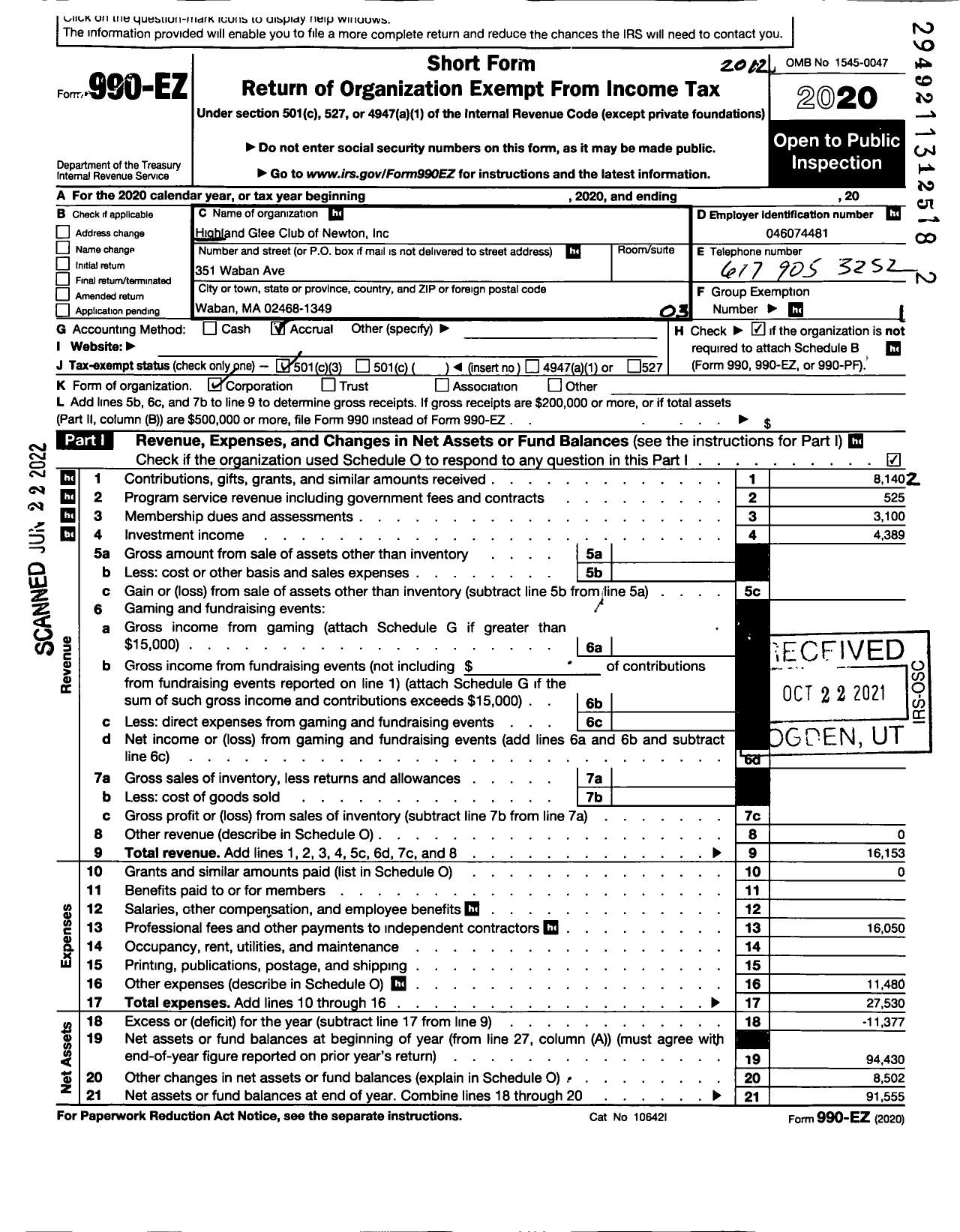 Image of first page of 2020 Form 990EZ for Highland Glee Club of Newton