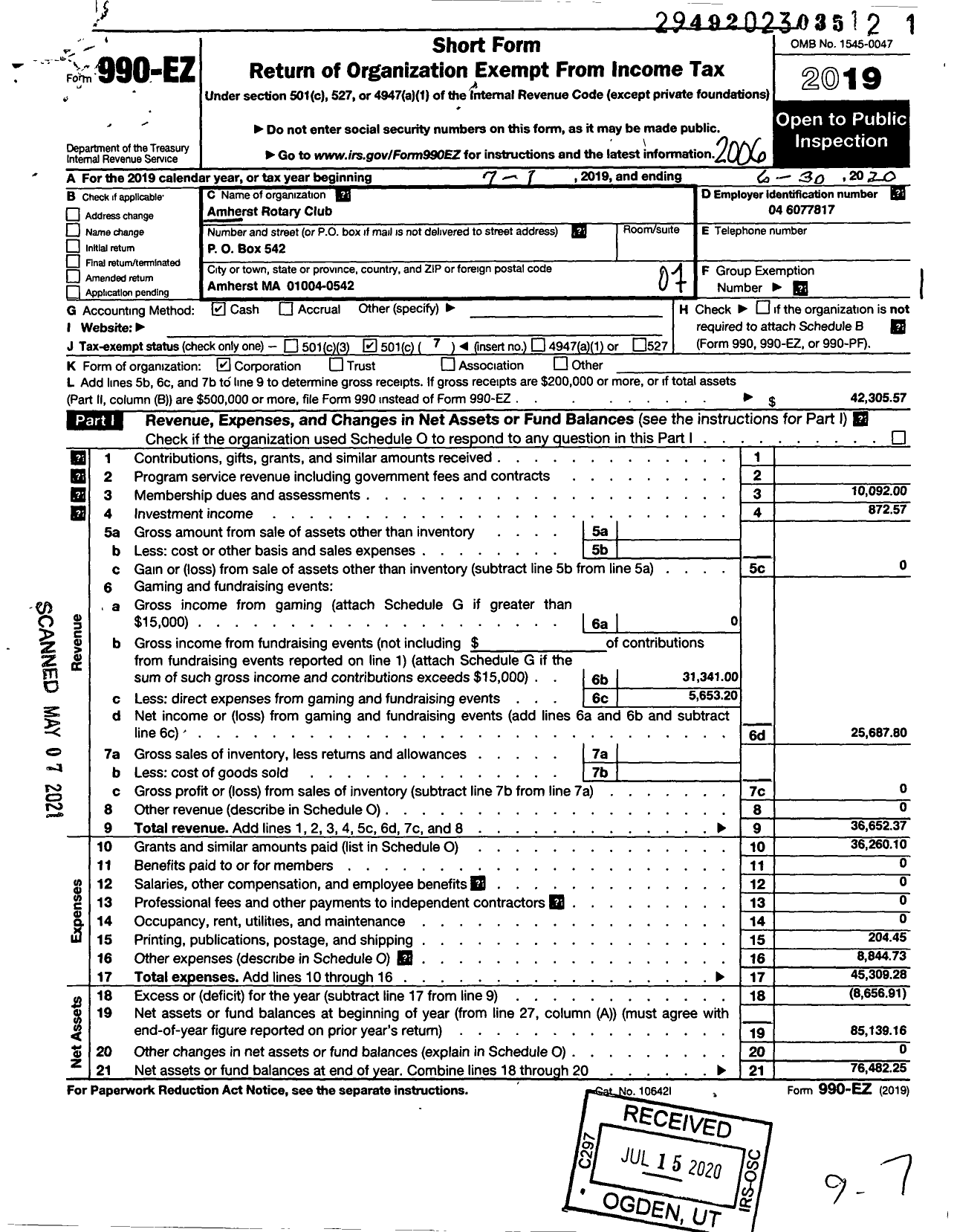 Image of first page of 2019 Form 990EO for Rotary International - Amherst Rotary Club