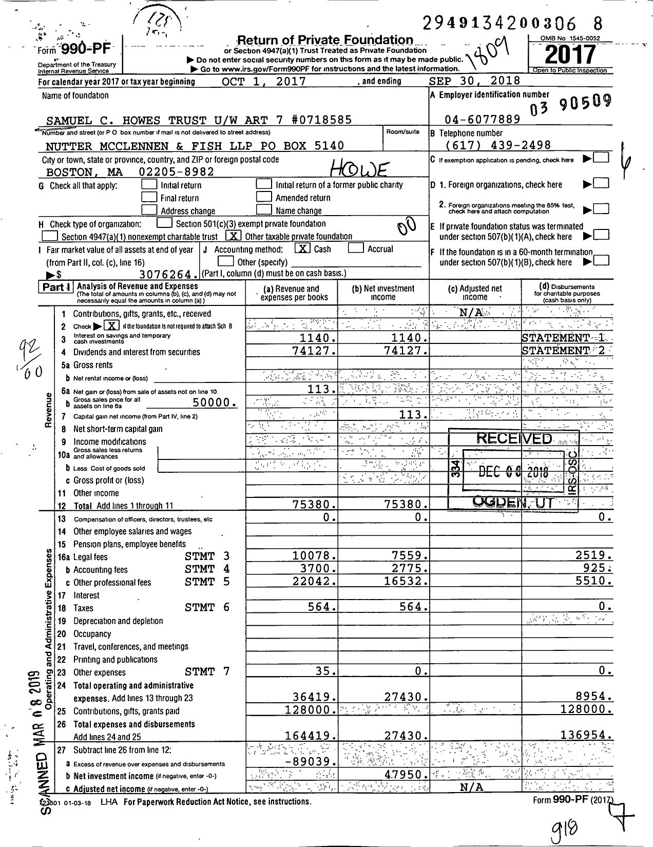 Image of first page of 2017 Form 990PF for Samuel C Howes Trust Uw Art 7 #0718585