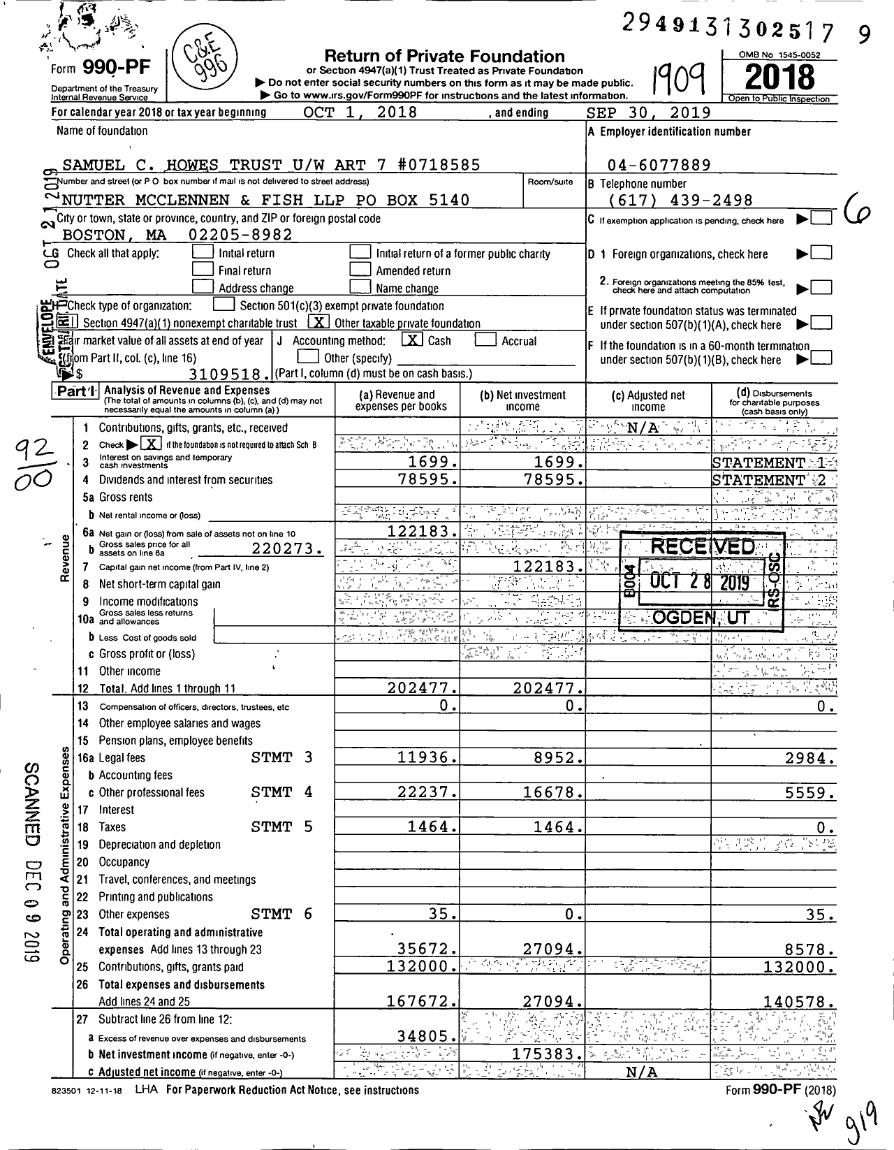 Image of first page of 2018 Form 990PF for Samuel C Howes Trust Uw Art 7 #0718585