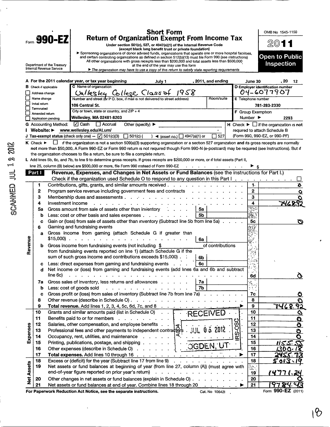 Image of first page of 2011 Form 990EZ for Wellesley College Alumnae Association - 1958 Class