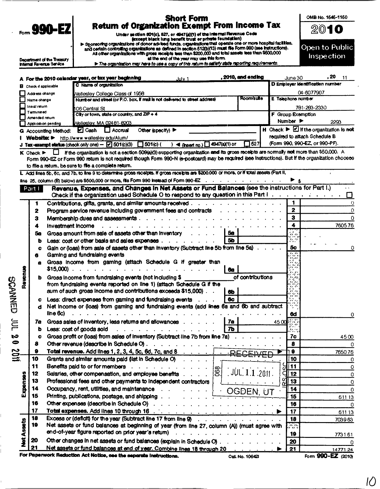 Image of first page of 2010 Form 990EZ for Wellesley College Alumnae Association - 1958 Class