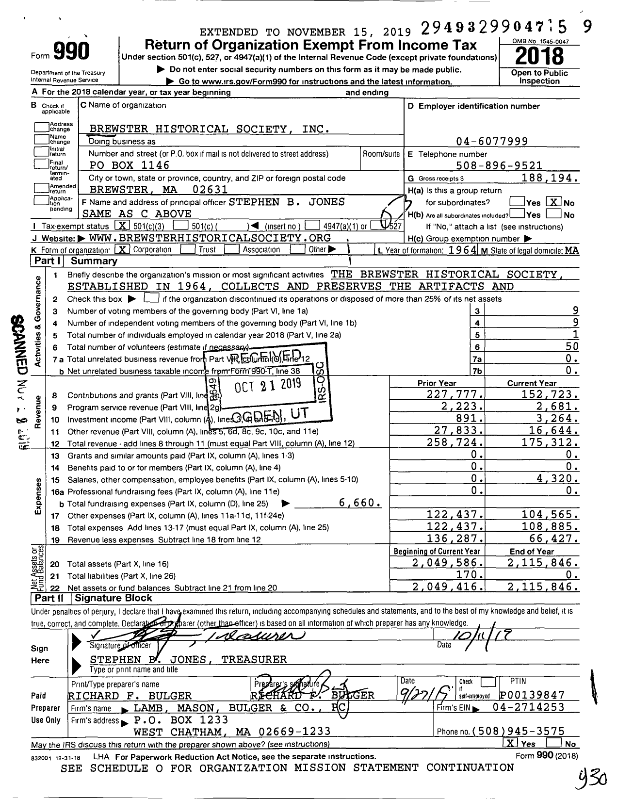 Image of first page of 2018 Form 990 for Brewster Historical Society