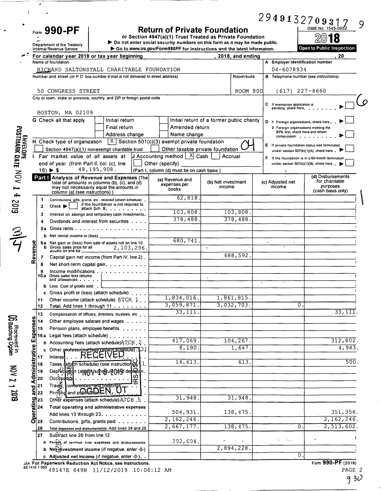 Image of first page of 2018 Form 990PF for Richard Saltonstall Charitable Foundation