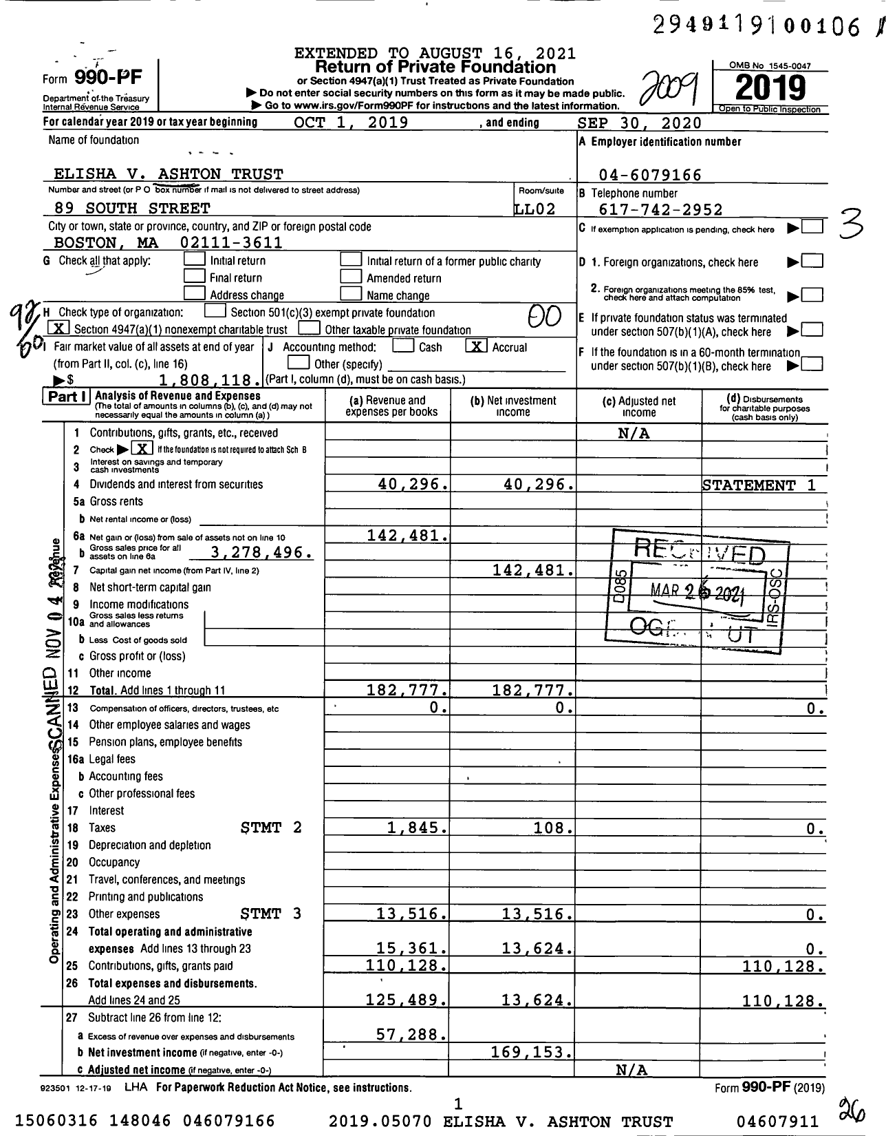 Image of first page of 2019 Form 990PF for Elisha V Ashton Trust