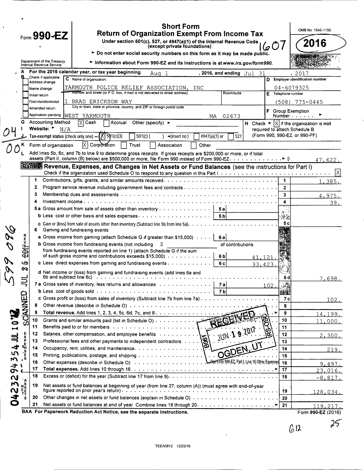 Image of first page of 2016 Form 990EO for Yarmouth Police Relief Association