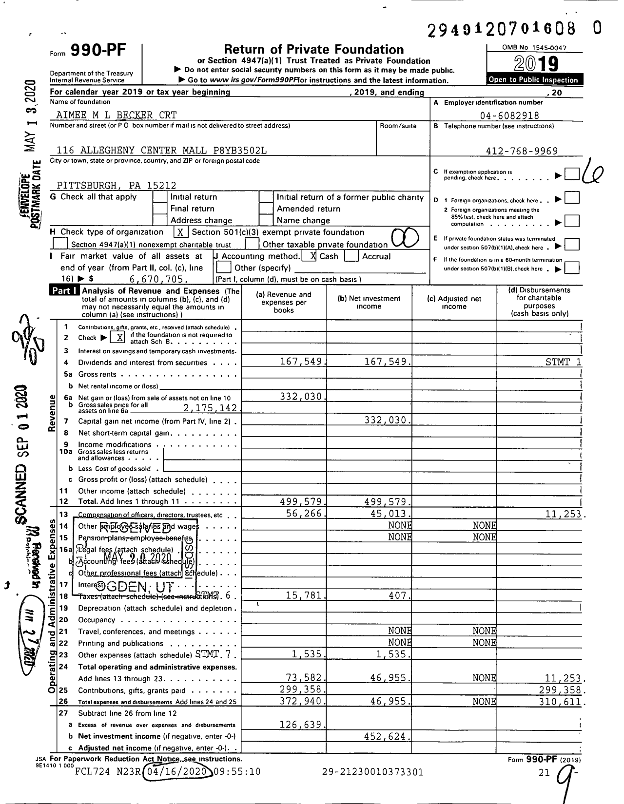 Image of first page of 2019 Form 990PR for Aimee M L Becker CRT