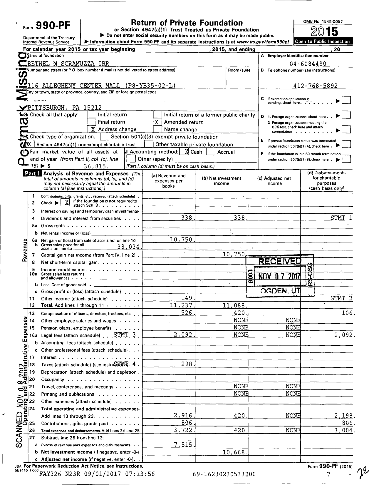 Image of first page of 2015 Form 990PF for Bethel M Scramuzza Irr