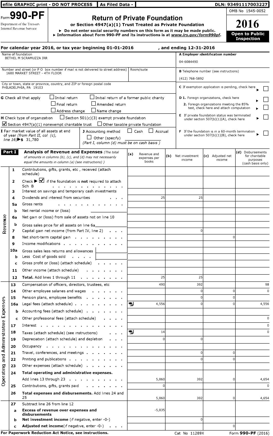 Image of first page of 2016 Form 990PF for Bethel M Scramuzza Irr