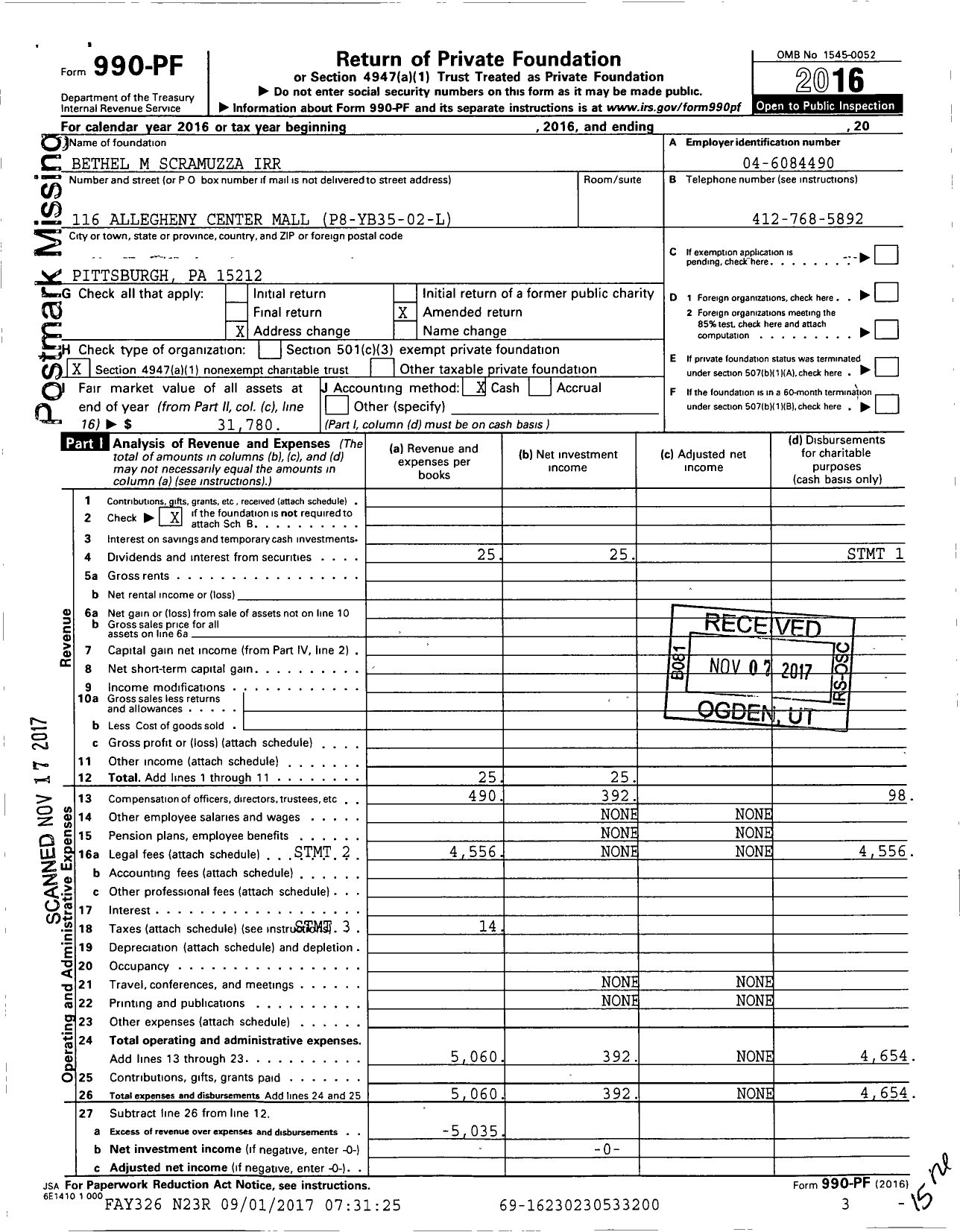 Image of first page of 2016 Form 990PF for Bethel M Scramuzza Irr