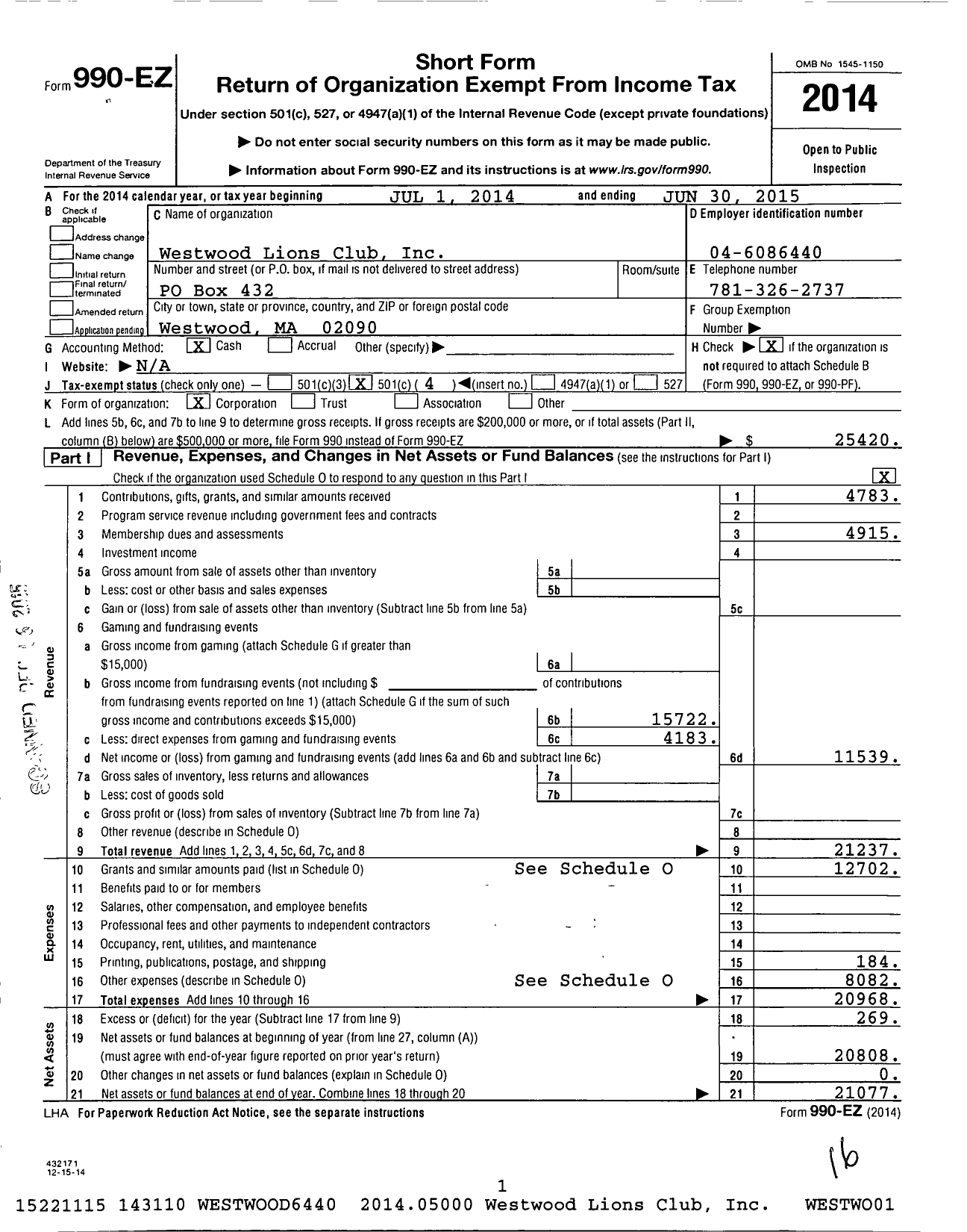 Image of first page of 2014 Form 990EO for Lions Clubs - 12125 Westwood